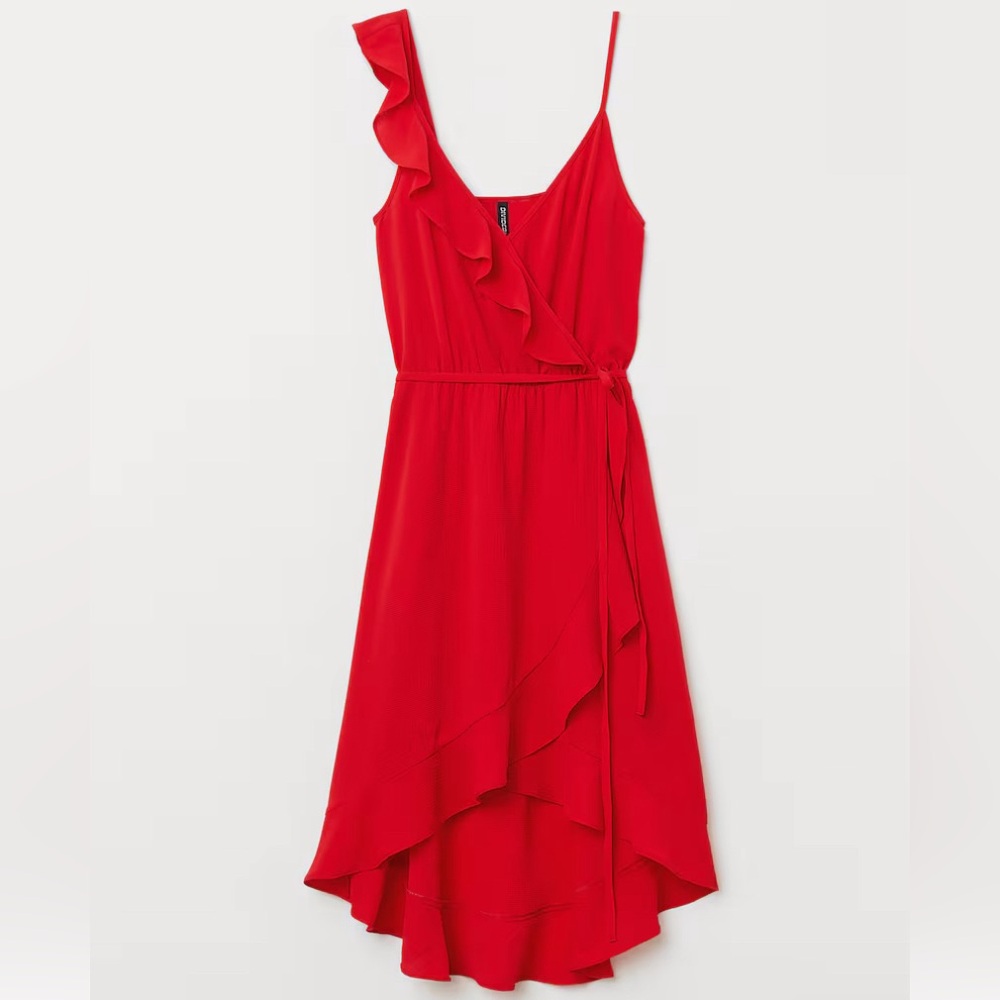 NWT H&M Flounced Wrap Dress| Bright Red | Sz 4 Christmas party Romantic